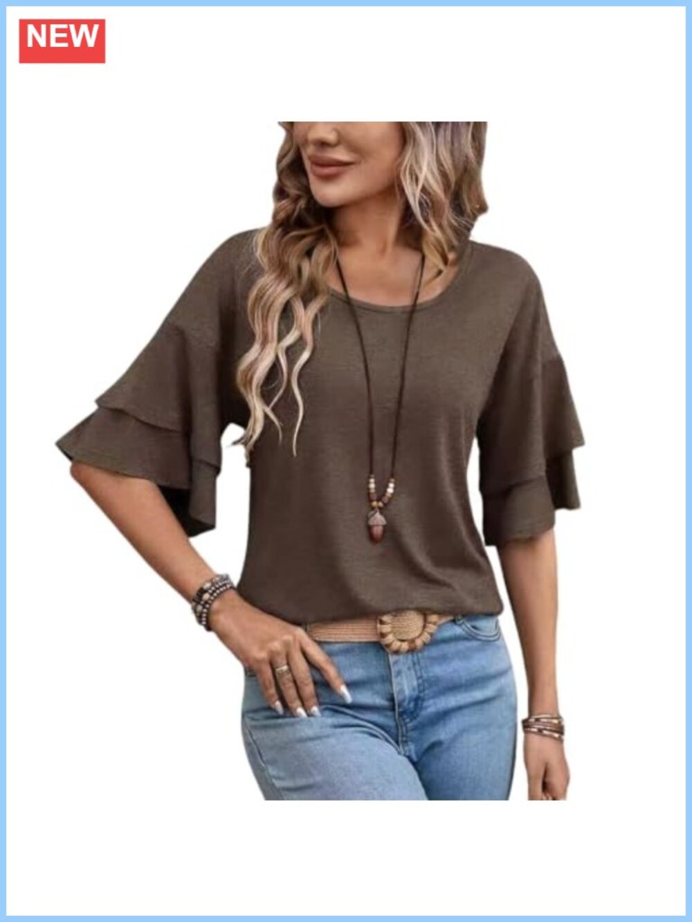 Womens Crew Neck Double Ruffle 3/4 Bell Sleeve T-Shirt Dressy Casual Tunic Top